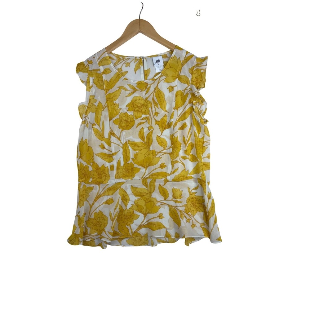 CAbi White & Yellow Floral Ruffle Sleeve Blouse